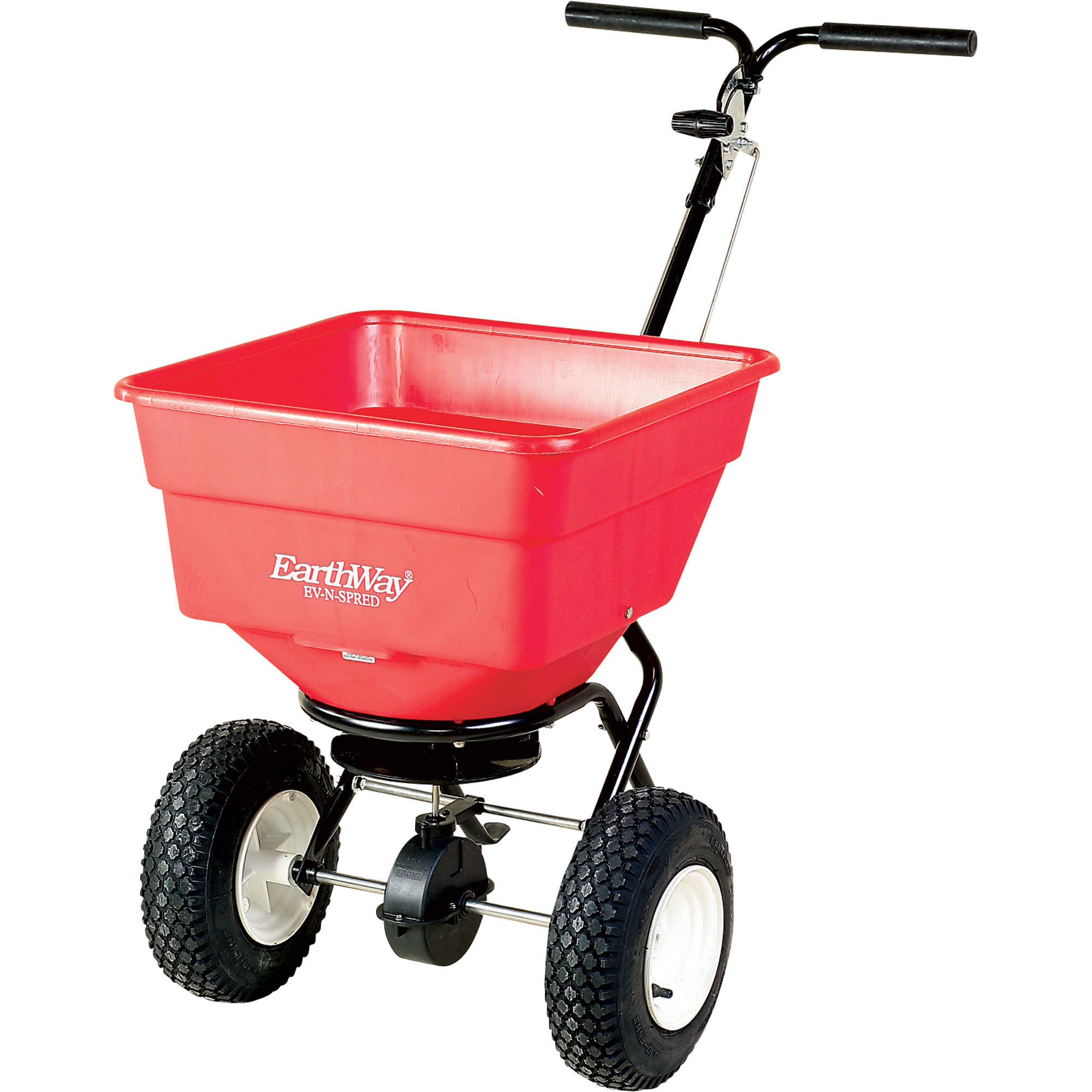 COMMERCIAL RED SPREADER W/PNEUMATIC TIRES, SIDE SHUT